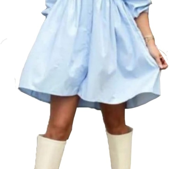 LARA Blue A-Line Dress with Off the Shoulder Neckline and 3/4 Puff Sleeves - Picture 2 of 2